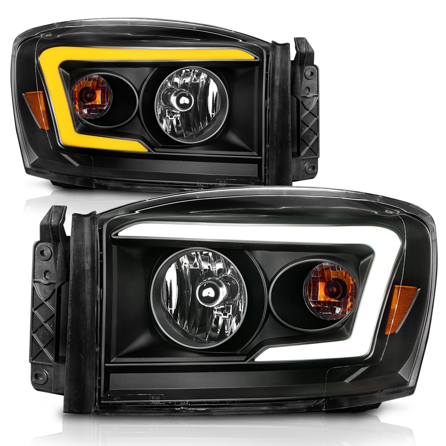 Anzo USA | Crystal Headlight Set Clear Lens Black Housing w/Light Bar Switchback Pair | Fits Ram 1500 | 111526