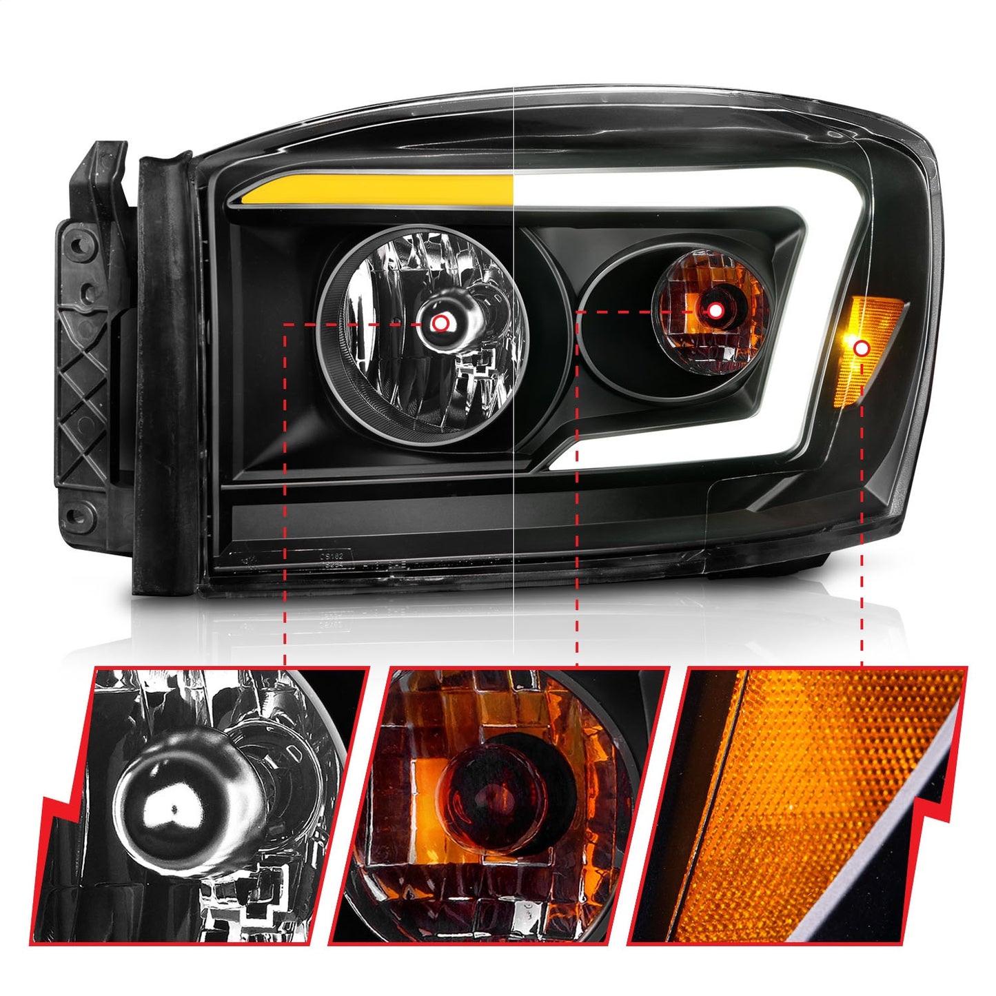 Anzo USA | Crystal Headlight Set Clear Lens Black Housing w/Light Bar Switchback Pair | Fits Ram 1500 | 111526