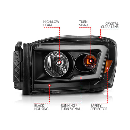 Anzo USA | Crystal Headlight Set Clear Lens Black Housing w/Light Bar Switchback Pair | Fits Ram 1500 | 111526