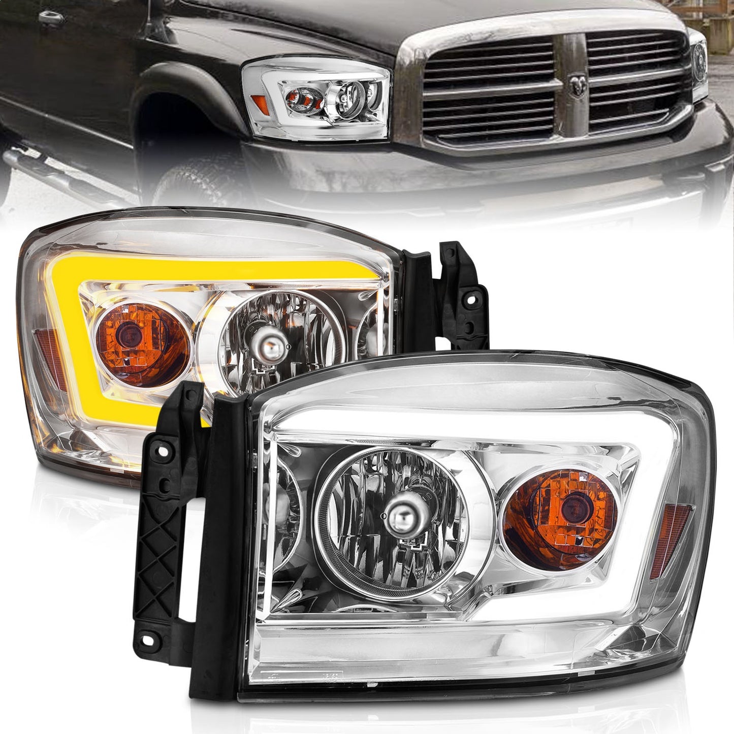 Anzo USA | Crystal Headlight Set Clear Lens Chrome Housing w/Light Bar Switchback Pair | Fits Ram 1500 | 111527