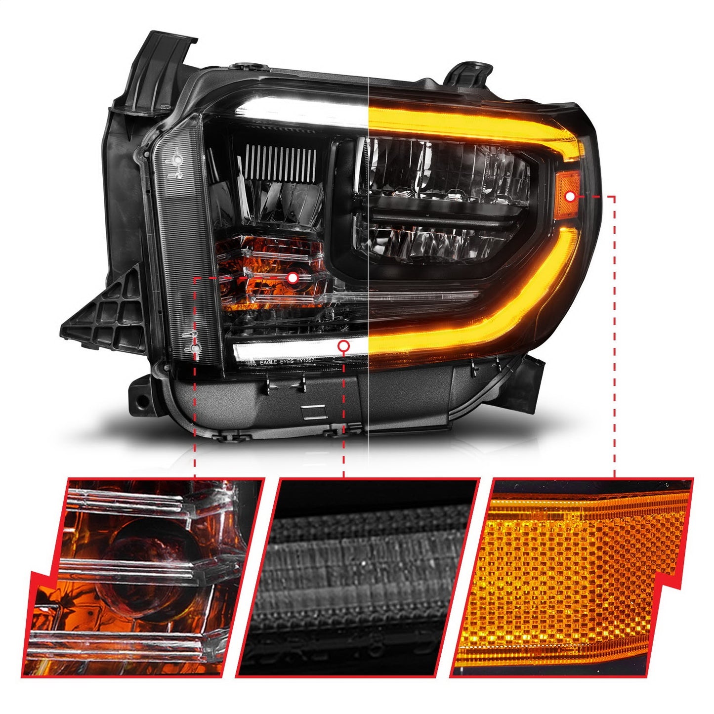 Anzo USA | LED Crystal Headlight Set Halogen Model w/Switchback Clear Lens Black Housing w/DRL Pair | Fits Tundra | 111531