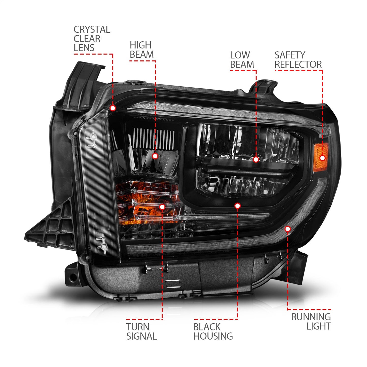 Anzo USA | LED Crystal Headlight Set Halogen Model w/Switchback Clear Lens Black Housing w/DRL Pair | Fits Tundra | 111533