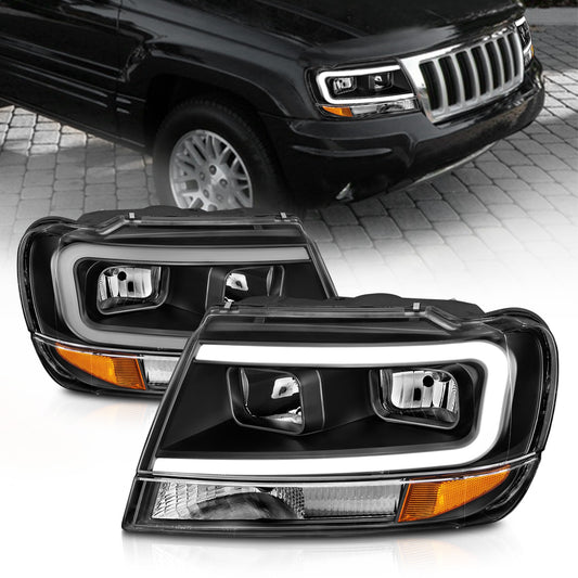 Anzo USA | Crystal Headlight Set Black Housing Pair w/Light Bar | Fits Grand Cherokee | 111537