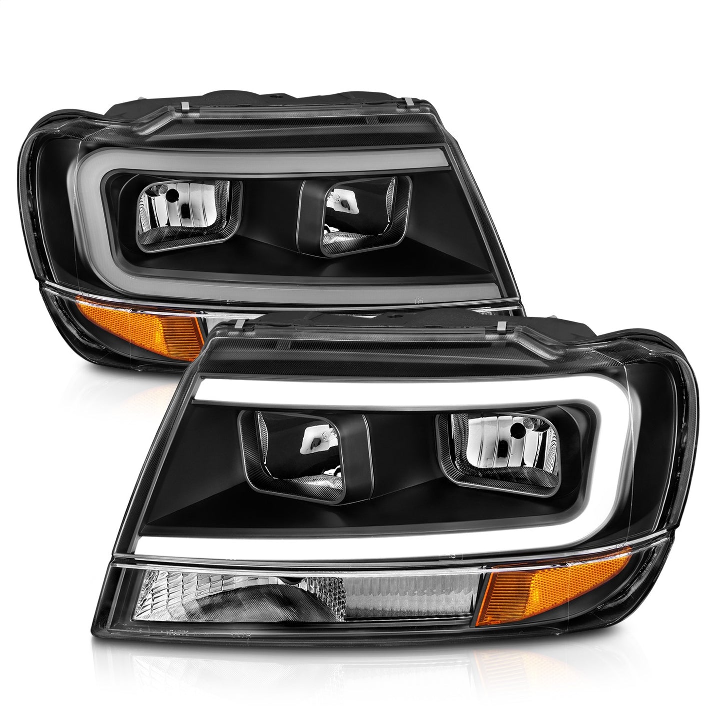 Anzo USA | Crystal Headlight Set Black Housing Pair w/Light Bar | Fits Grand Cherokee | 111537