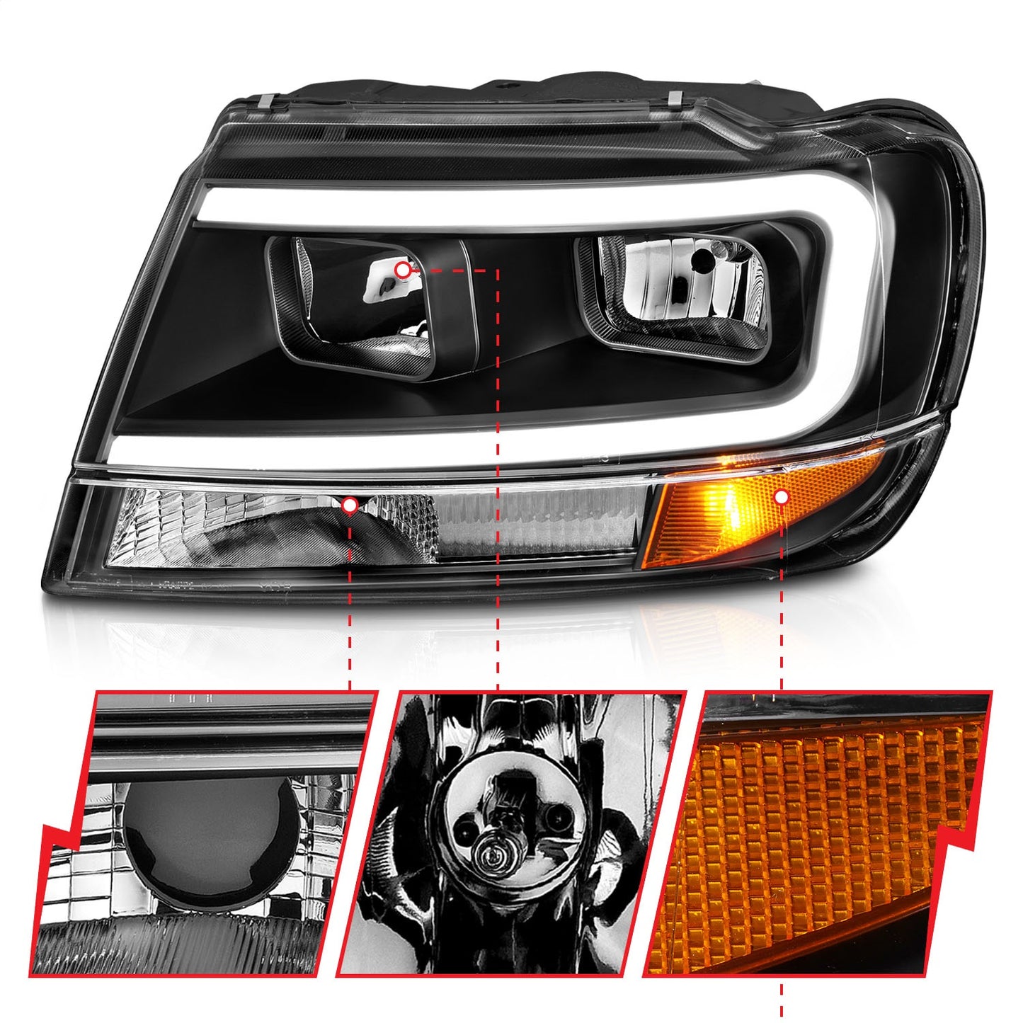 Anzo USA | Crystal Headlight Set Black Housing Pair w/Light Bar | Fits Grand Cherokee | 111537