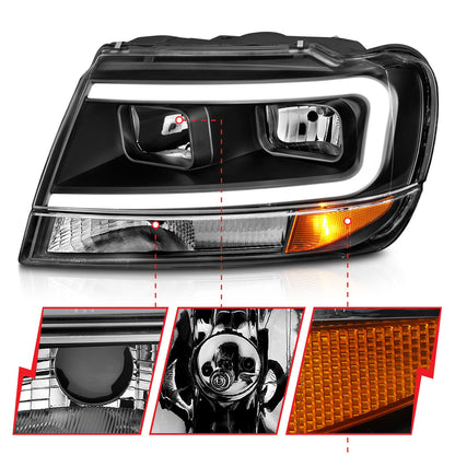 Anzo USA | Crystal Headlight Set Black Housing Pair w/Light Bar | Fits Grand Cherokee | 111537