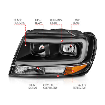 Anzo USA | Crystal Headlight Set Black Housing Pair w/Light Bar | Fits Grand Cherokee | 111537