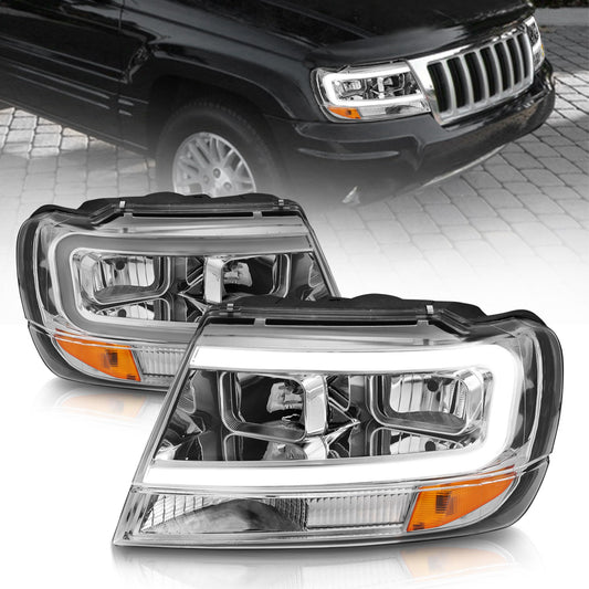 Anzo USA | Crystal Headlight Set Chrome Housing Pair w/Light Bar | Fits Grand Cherokee | 111538