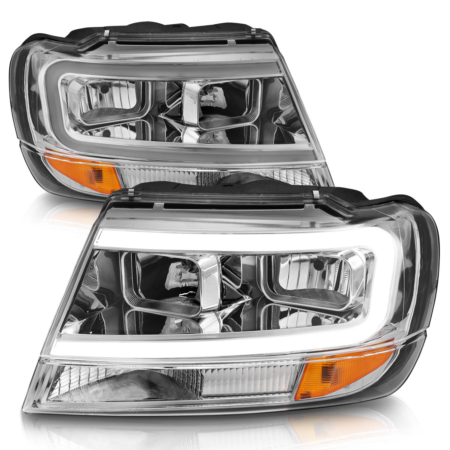 Anzo USA | Crystal Headlight Set Chrome Housing Pair w/Light Bar | Fits Grand Cherokee | 111538