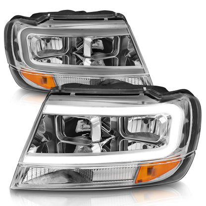Anzo USA | Crystal Headlight Set Chrome Housing Pair w/Light Bar | Fits Grand Cherokee | 111538