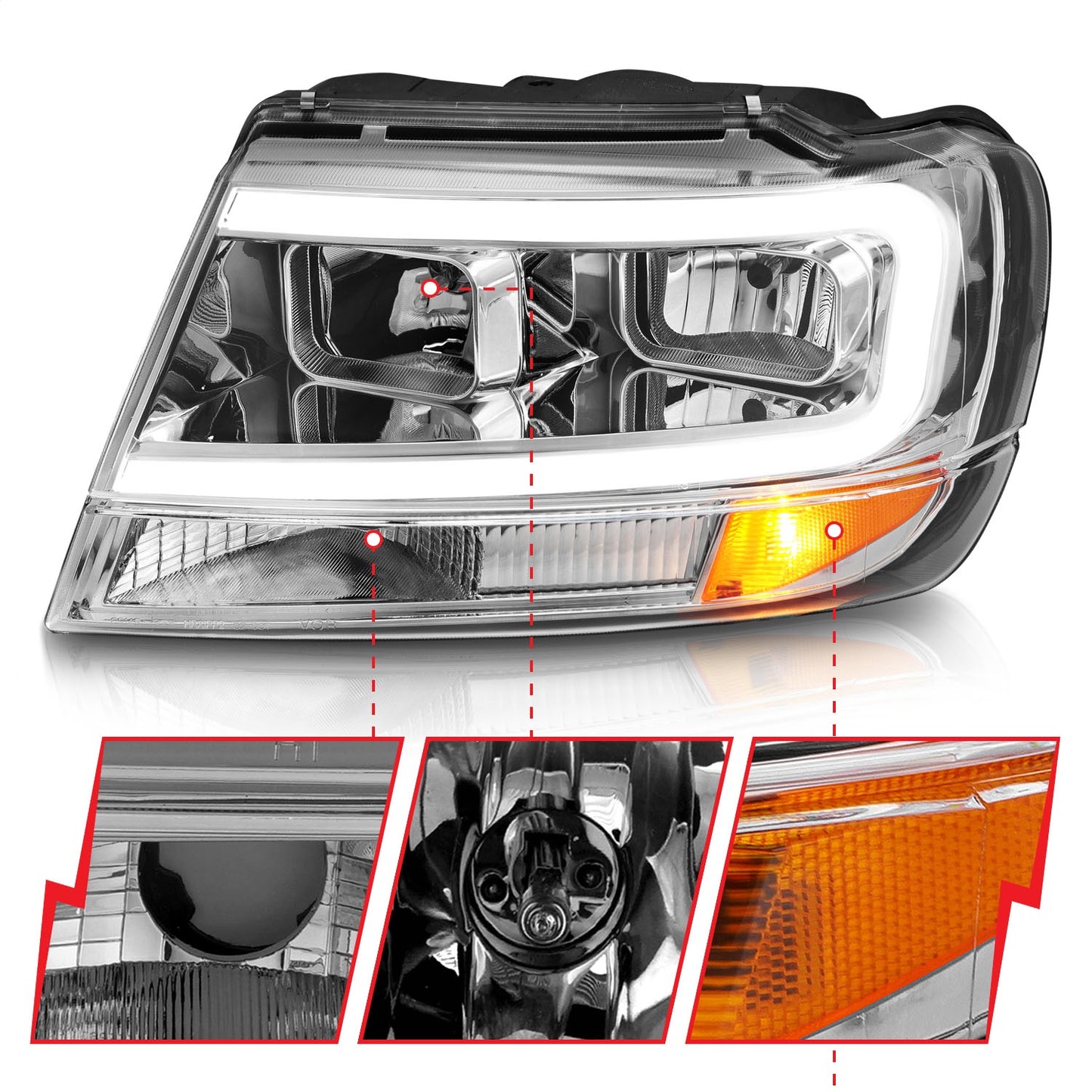 Anzo USA | Crystal Headlight Set Chrome Housing Pair w/Light Bar | Fits Grand Cherokee | 111538