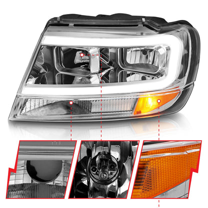 Anzo USA | Crystal Headlight Set Chrome Housing Pair w/Light Bar | Fits Grand Cherokee | 111538