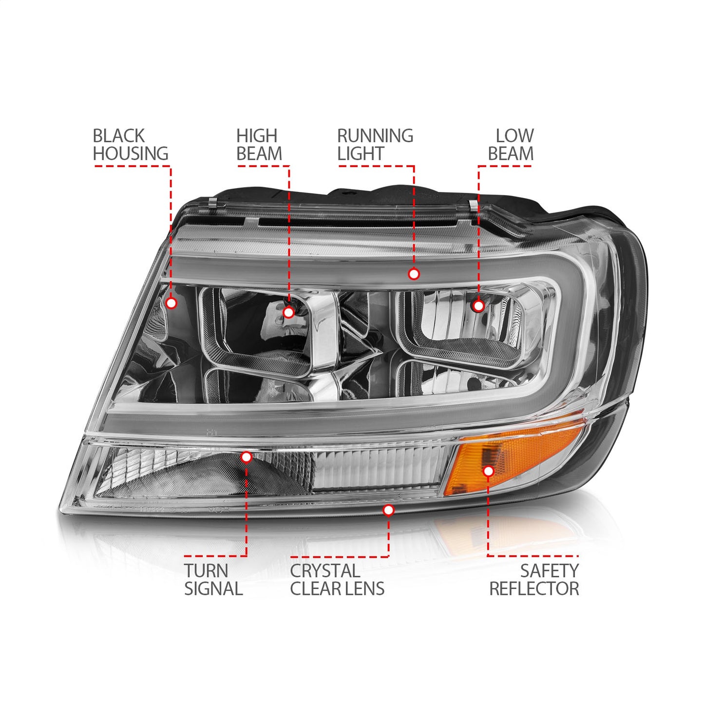 Anzo USA | Crystal Headlight Set Chrome Housing Pair w/Light Bar | Fits Grand Cherokee | 111538