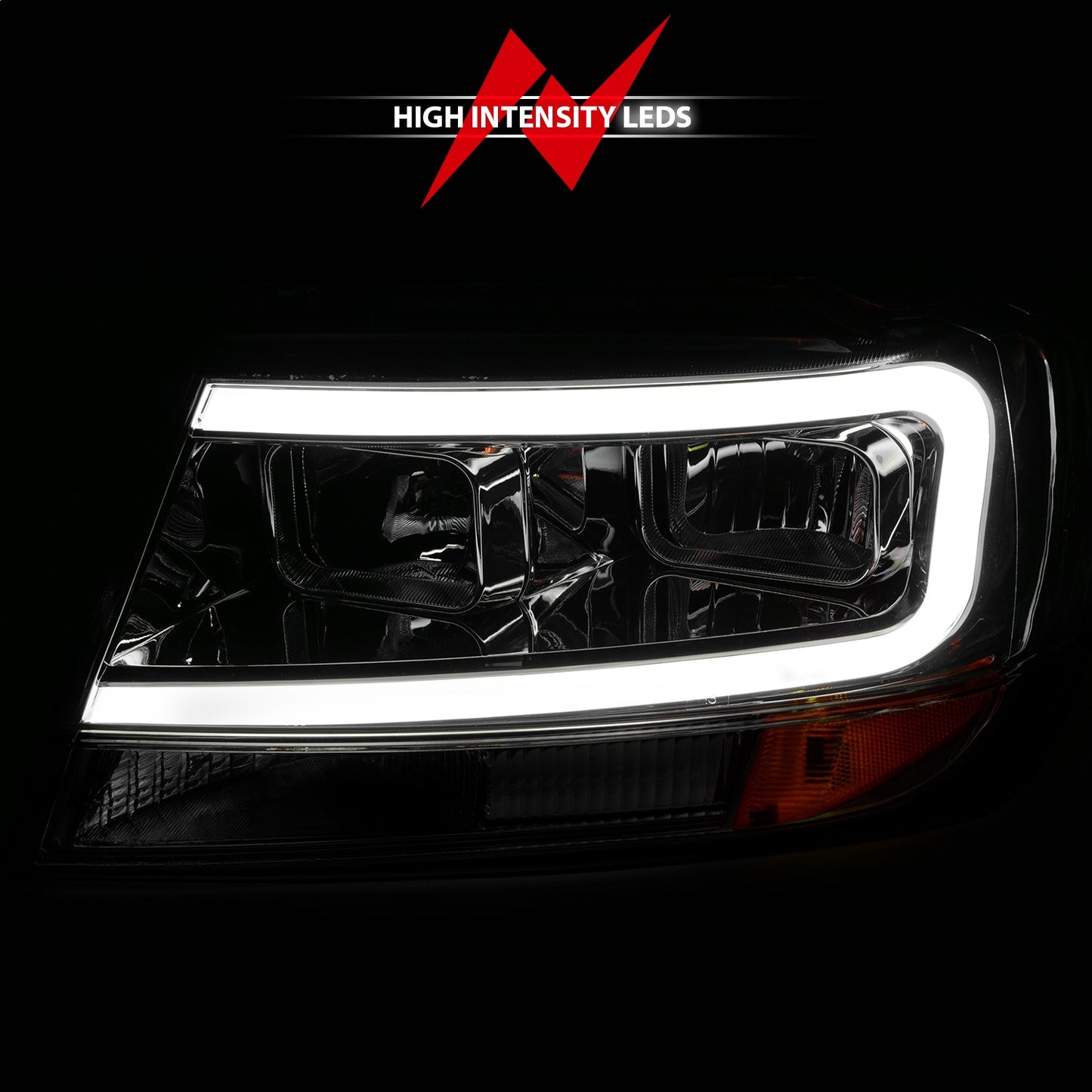 Anzo USA | Crystal Headlight Set Chrome Housing Pair w/Light Bar | Fits Grand Cherokee | 111538