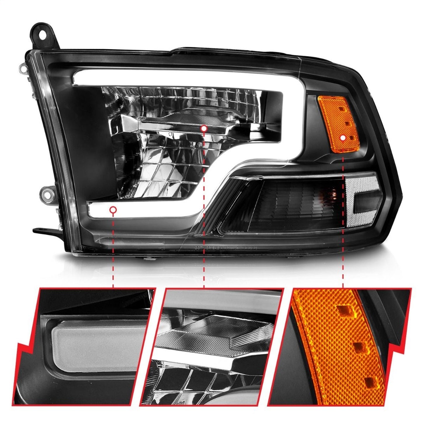 Anzo USA | LED Projector Headlight LED Square Black Housing w/Light Bar Pair | Fits Ram 1500 | 111539