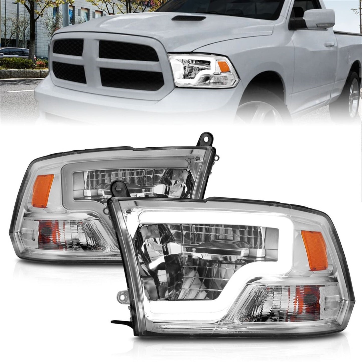 Anzo USA | LED Projector Headlight LED Square Chrome Housing w/Light Bar Pair | Fits Ram 1500 | 111540