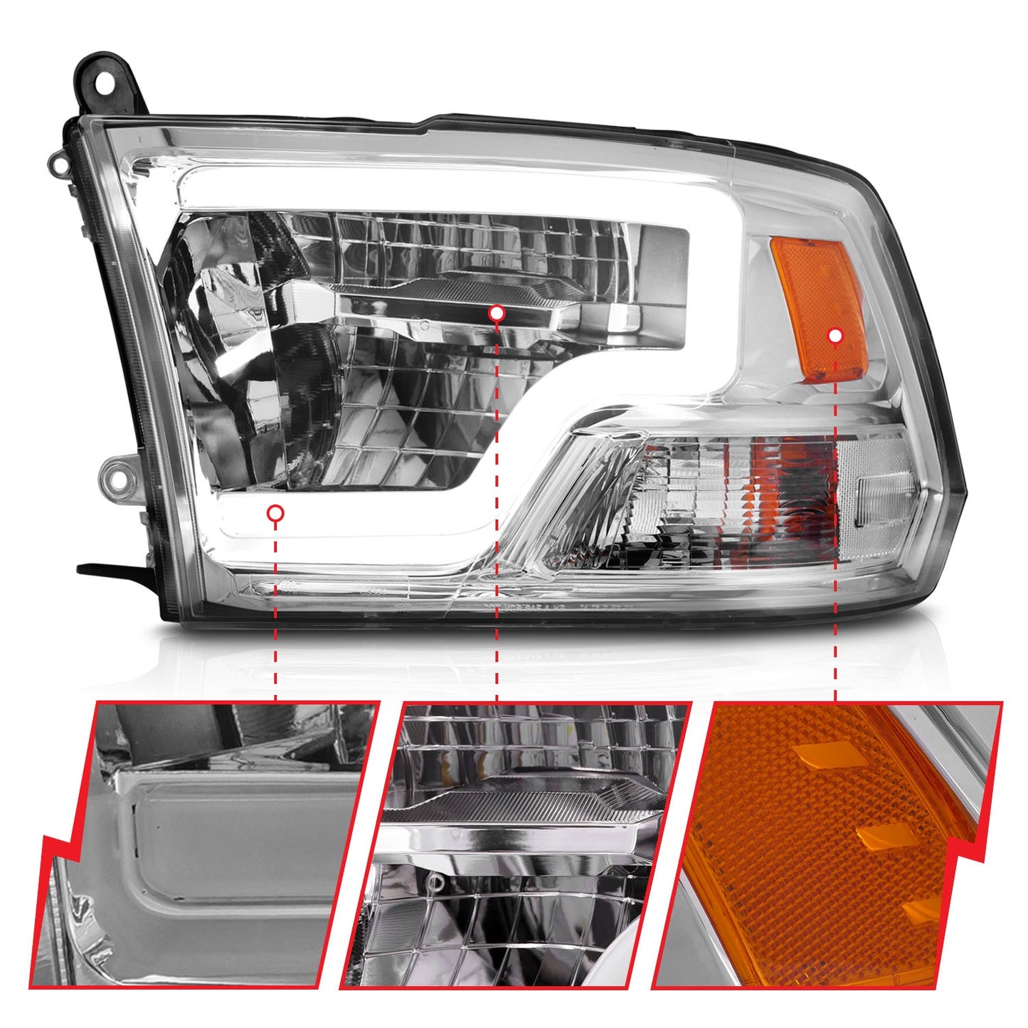 Anzo USA | LED Projector Headlight LED Square Chrome Housing w/Light Bar Pair | Fits Ram 1500 | 111540