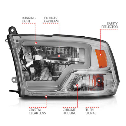 Anzo USA | LED Projector Headlight LED Square Chrome Housing w/Light Bar Pair | Fits Ram 1500 | 111540