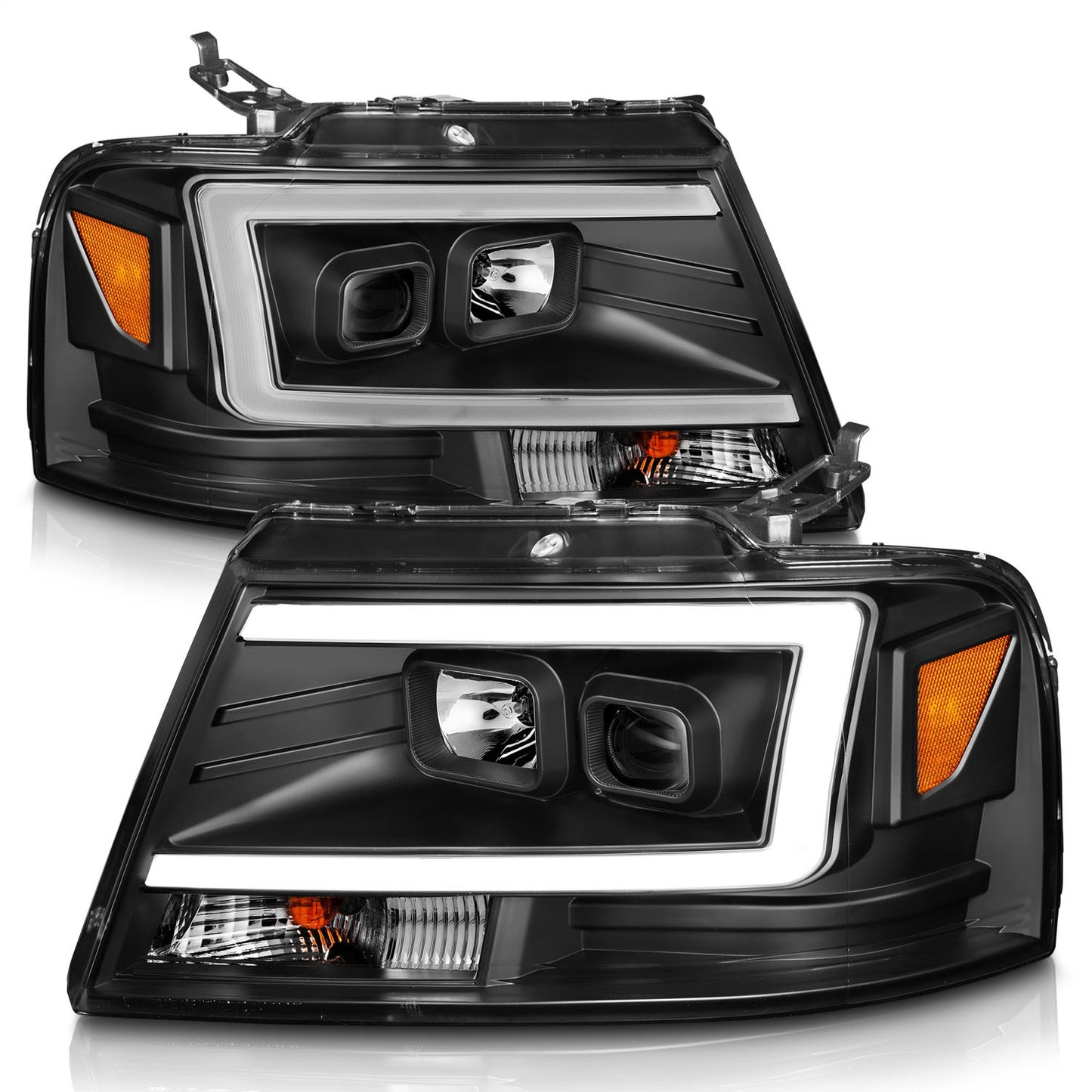 Anzo USA | Projector Headlight Set Clear Lens Black Housing w/Light Bar Pair | Fits F-150 | 111541