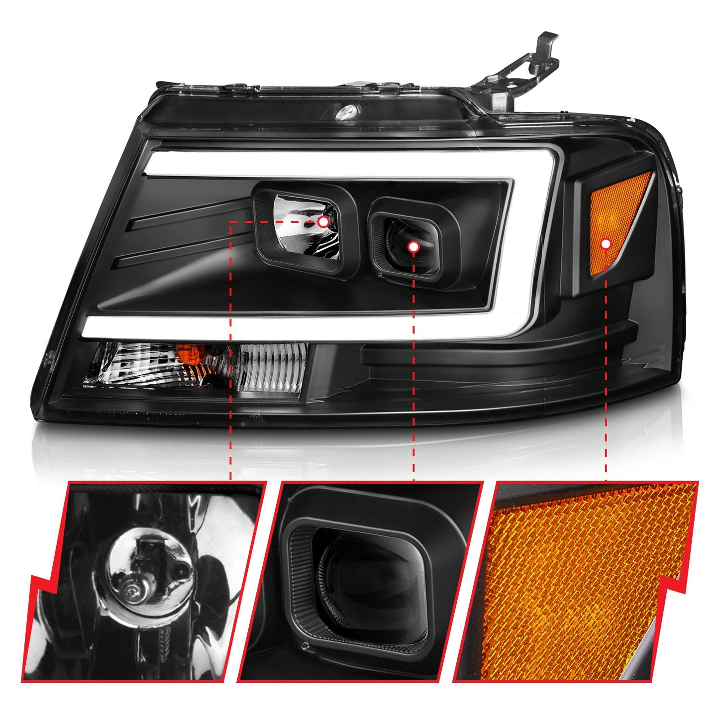 Anzo USA | Projector Headlight Set Clear Lens Black Housing w/Light Bar Pair | Fits F-150 | 111541