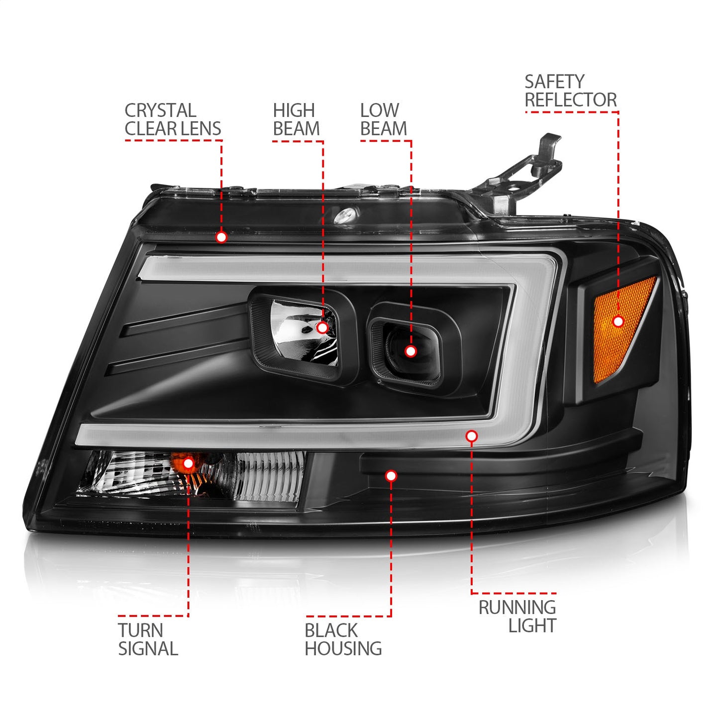 Anzo USA | Projector Headlight Set Clear Lens Black Housing w/Light Bar Pair | Fits F-150 | 111541