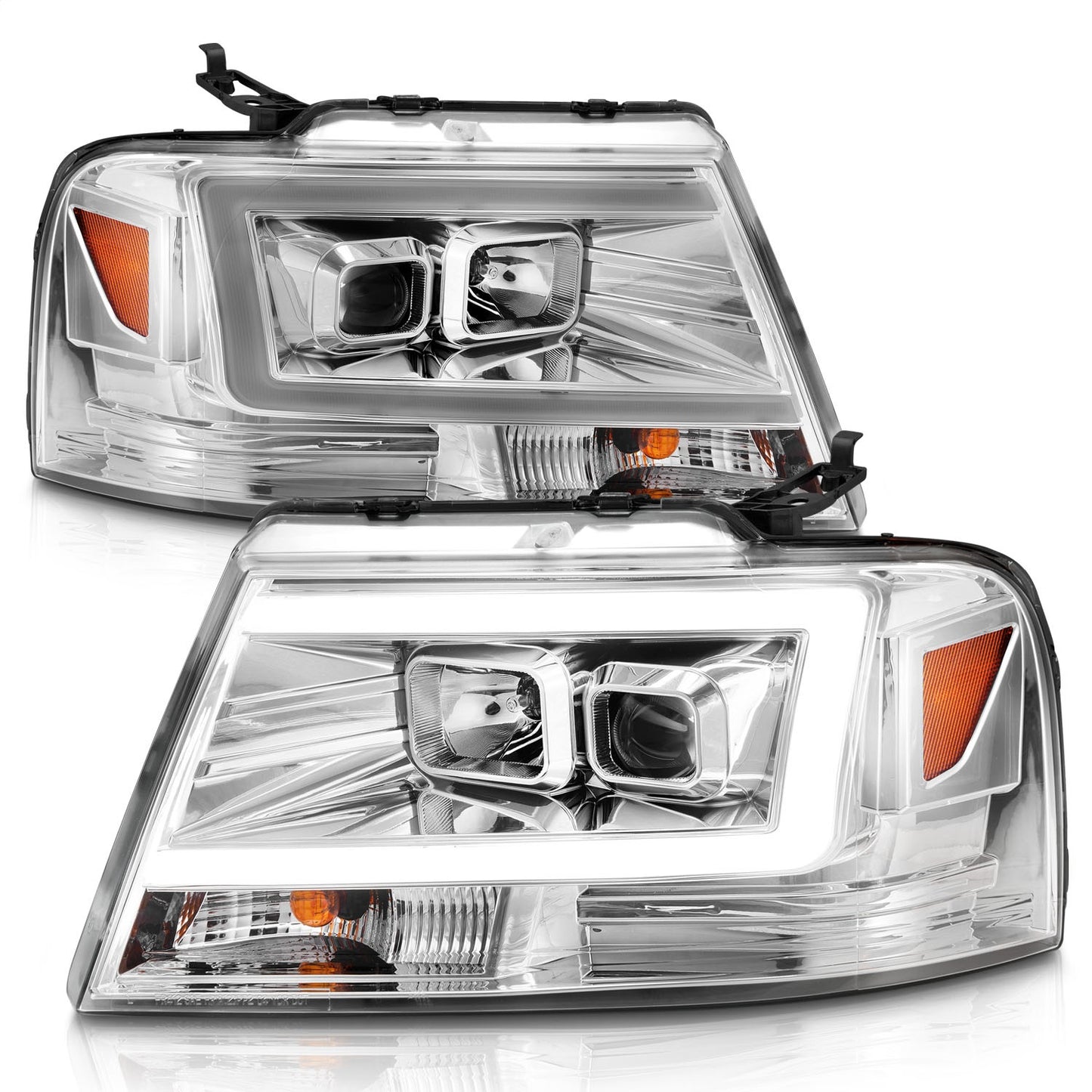 Anzo USA | Projector Headlight Set Clear Lens Chrome Housing w/Light Bar Pair | Fits F-150 | 111542