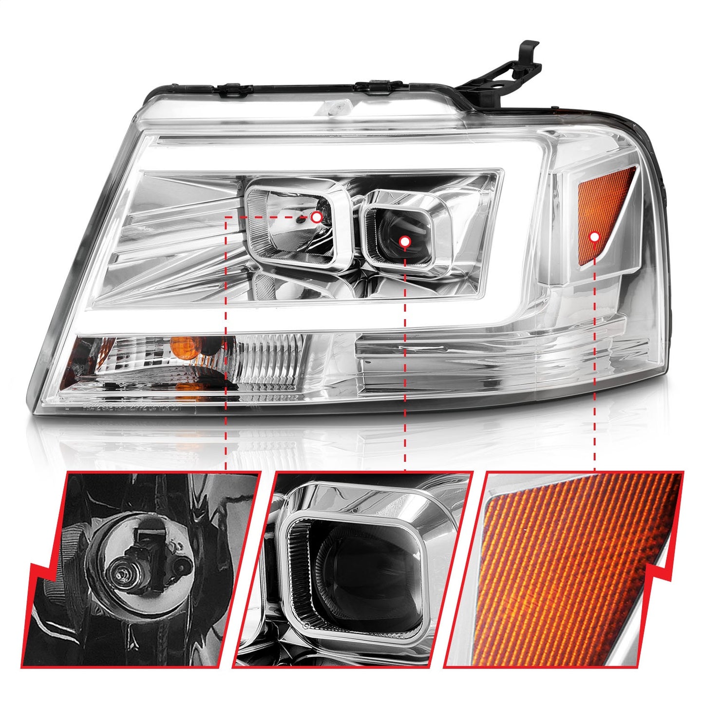 Anzo USA | Projector Headlight Set Clear Lens Chrome Housing w/Light Bar Pair | Fits F-150 | 111542