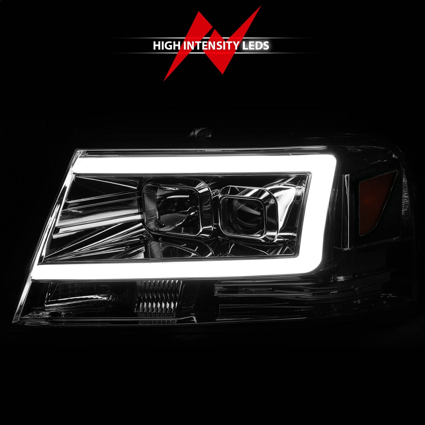 Anzo USA | Projector Headlight Set Clear Lens Chrome Housing w/Light Bar Pair | Fits F-150 | 111542