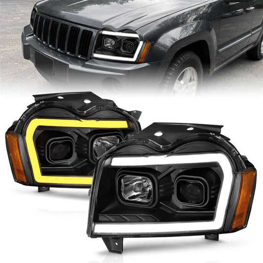 Anzo USA | Projector Headlight Set Black Housing w/Light Bar Switchback | Fits Grand Cherokee | 111543