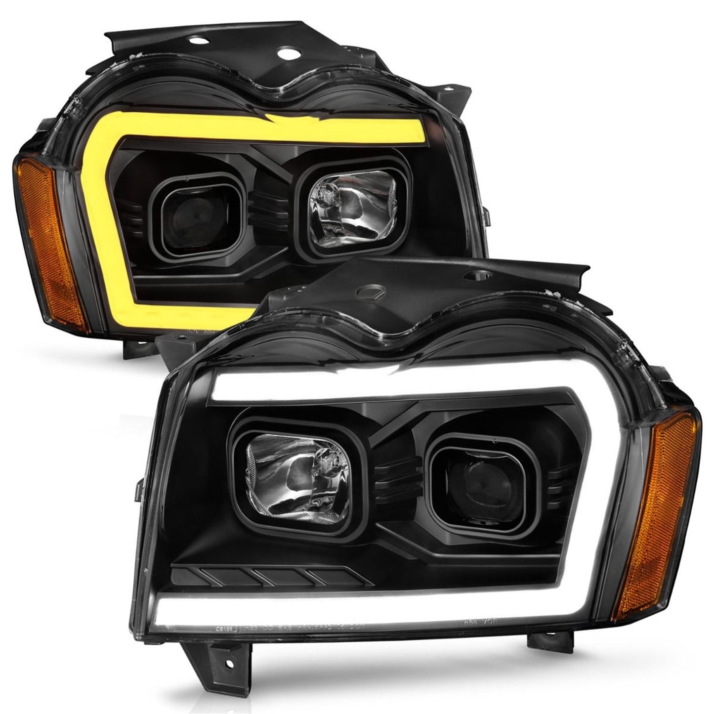Anzo USA | Projector Headlight Set Black Housing w/Light Bar Switchback | Fits Grand Cherokee | 111543