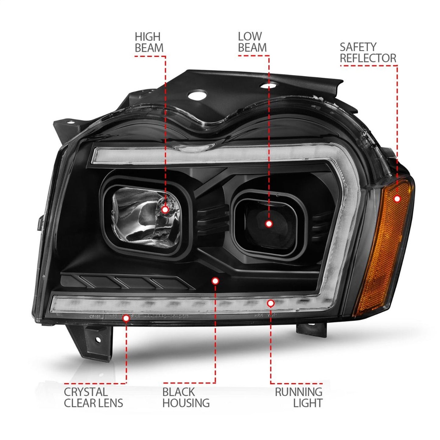 Anzo USA | Projector Headlight Set Black Housing w/Light Bar Switchback | Fits Grand Cherokee | 111543