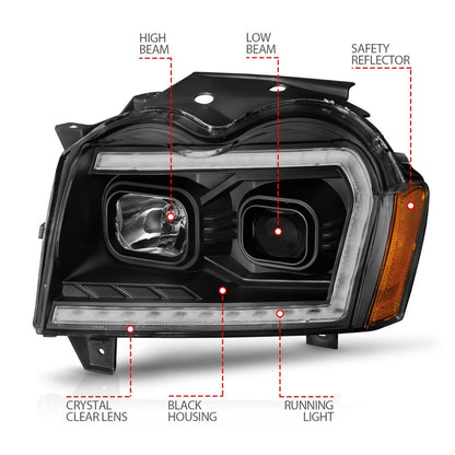 Anzo USA | Projector Headlight Set Black Housing w/Light Bar Switchback | Fits Grand Cherokee | 111543