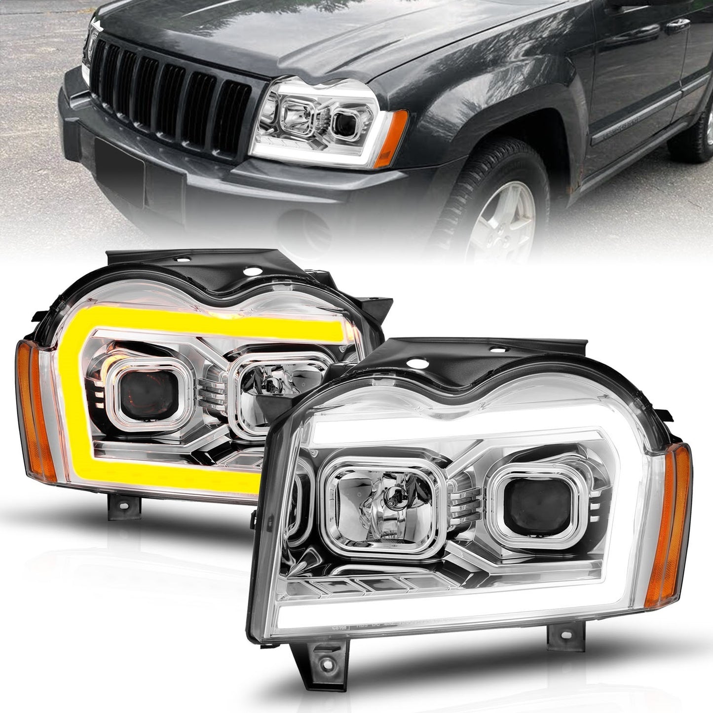 Anzo USA | Projector Headlight Set Chrome Housing w/Light Bar Switchback | Fits Grand Cherokee | 111544