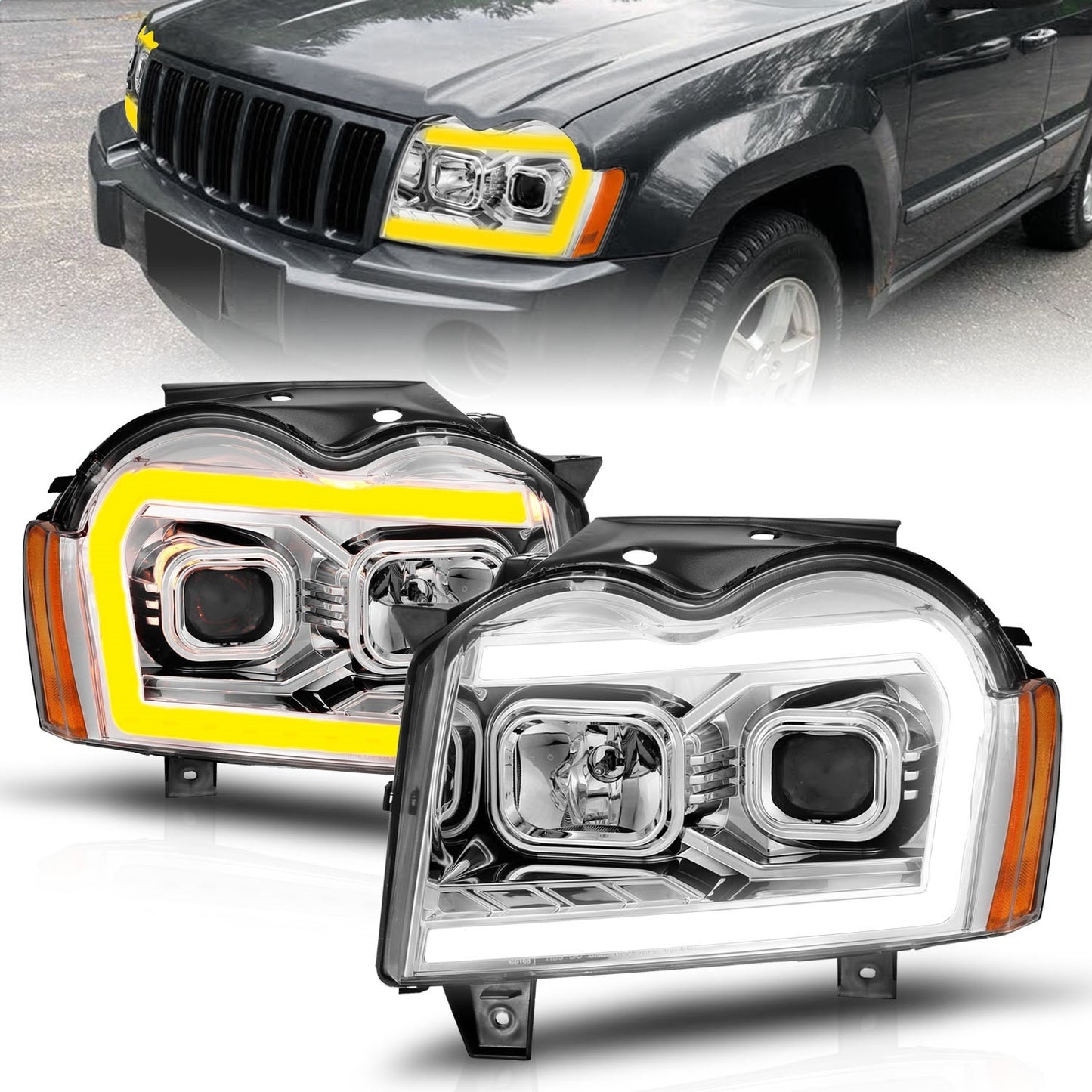 Anzo USA | Projector Headlight Set Chrome Housing w/Light Bar Switchback | Fits Grand Cherokee | 111544