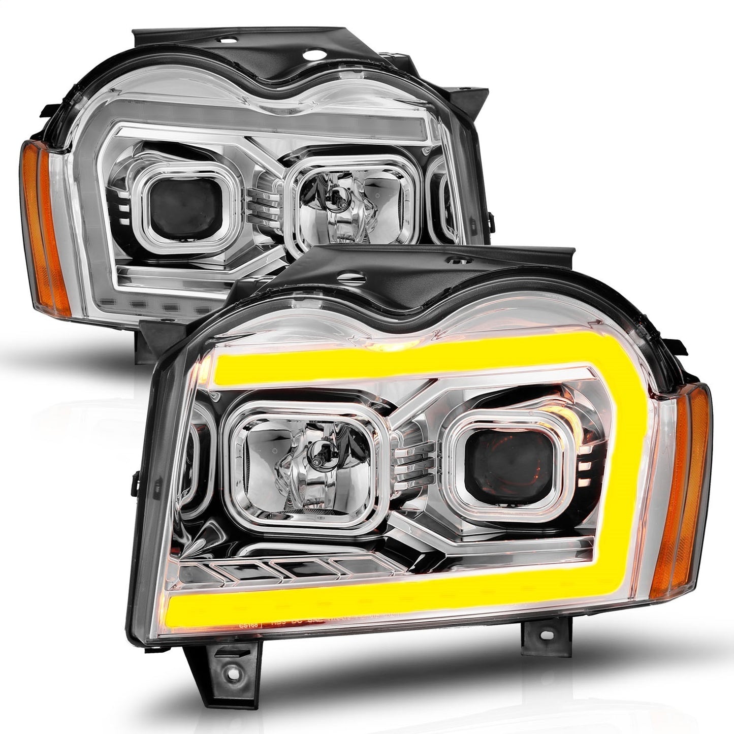 Anzo USA | Projector Headlight Set Chrome Housing w/Light Bar Switchback | Fits Grand Cherokee | 111544