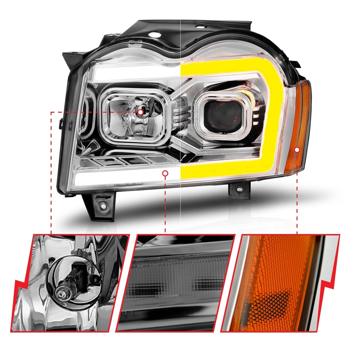 Anzo USA | Projector Headlight Set Chrome Housing w/Light Bar Switchback | Fits Grand Cherokee | 111544