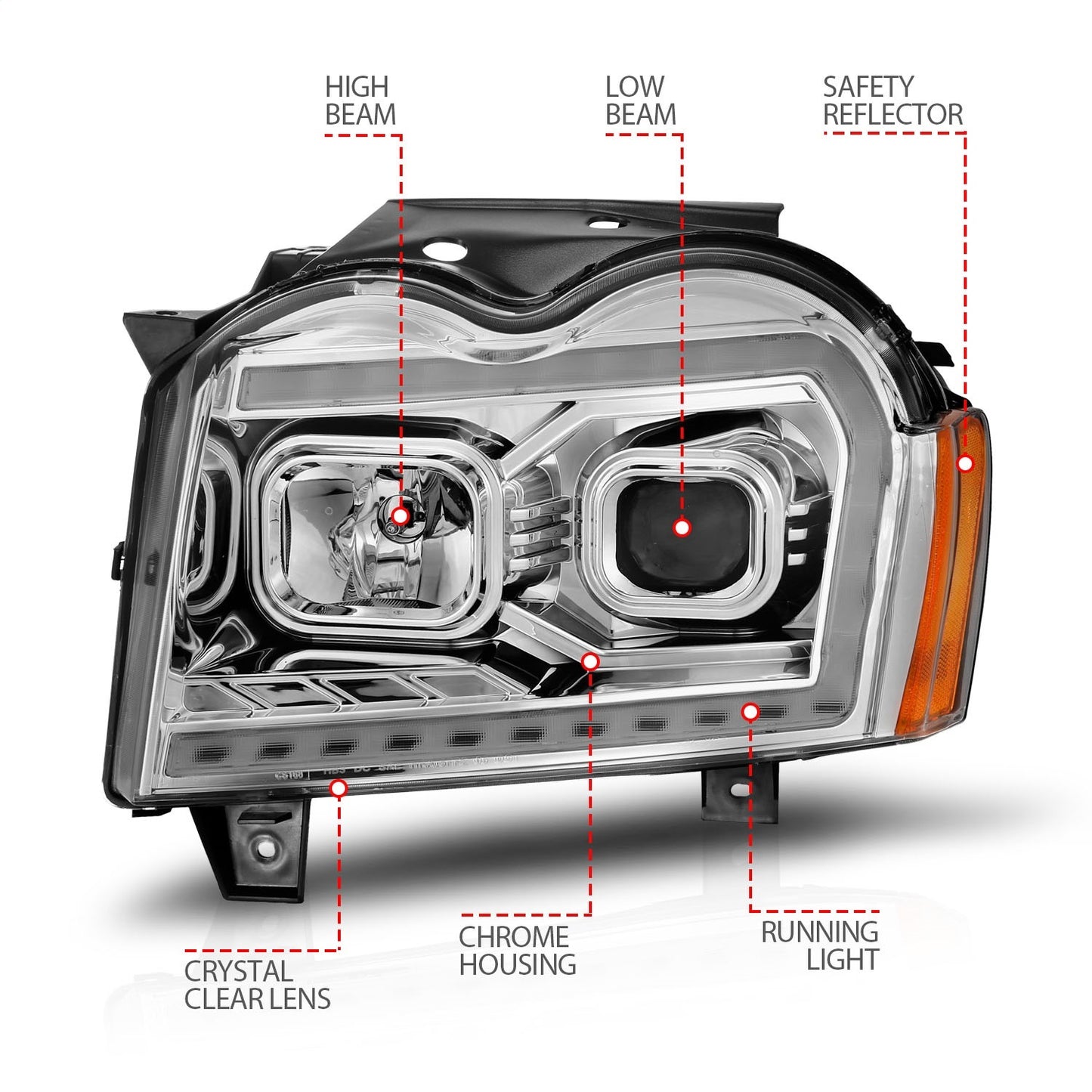 Anzo USA | Projector Headlight Set Chrome Housing w/Light Bar Switchback | Fits Grand Cherokee | 111544