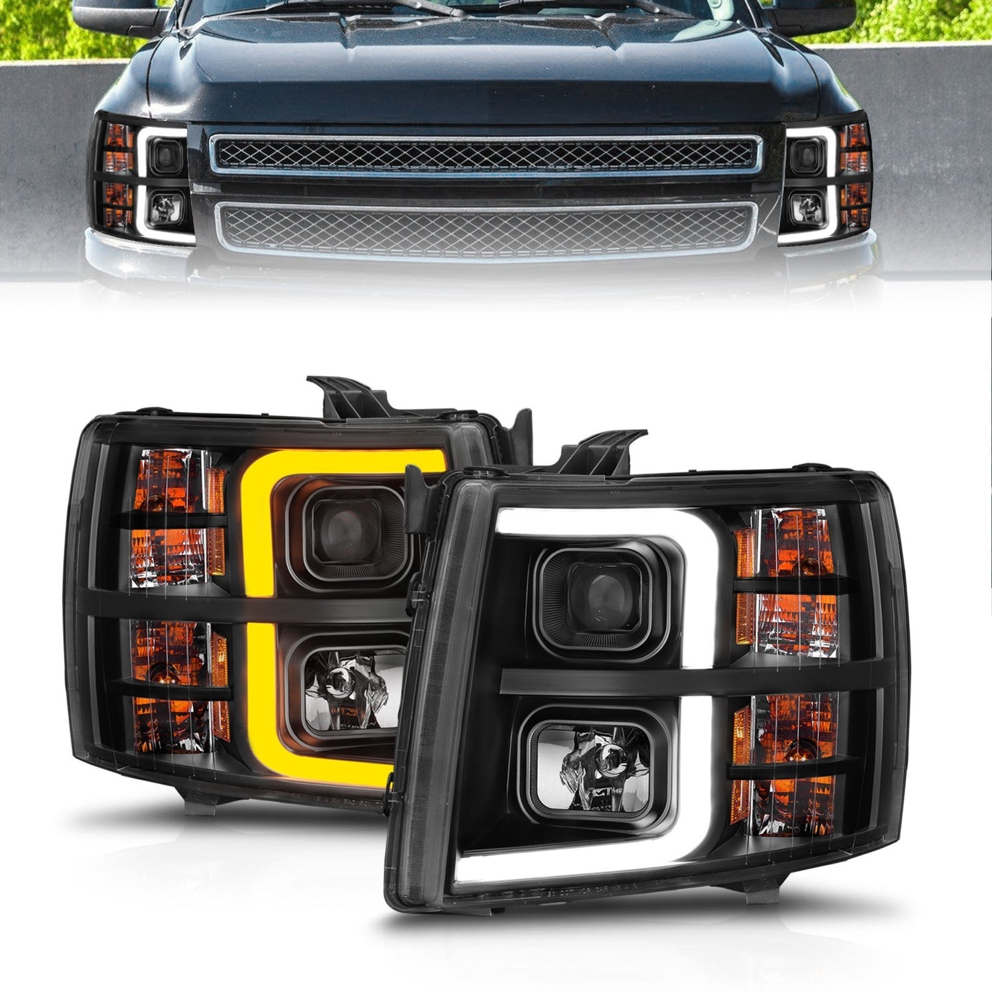 Anzo USA | Projector Headlight Set Black Housing w/Light Bar w/Sequential | Fits Silverado 1500 | 111545