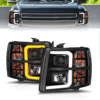 Anzo USA | Projector Headlight Set Black Housing w/Light Bar w/Sequential | Fits Silverado 1500 | 111545