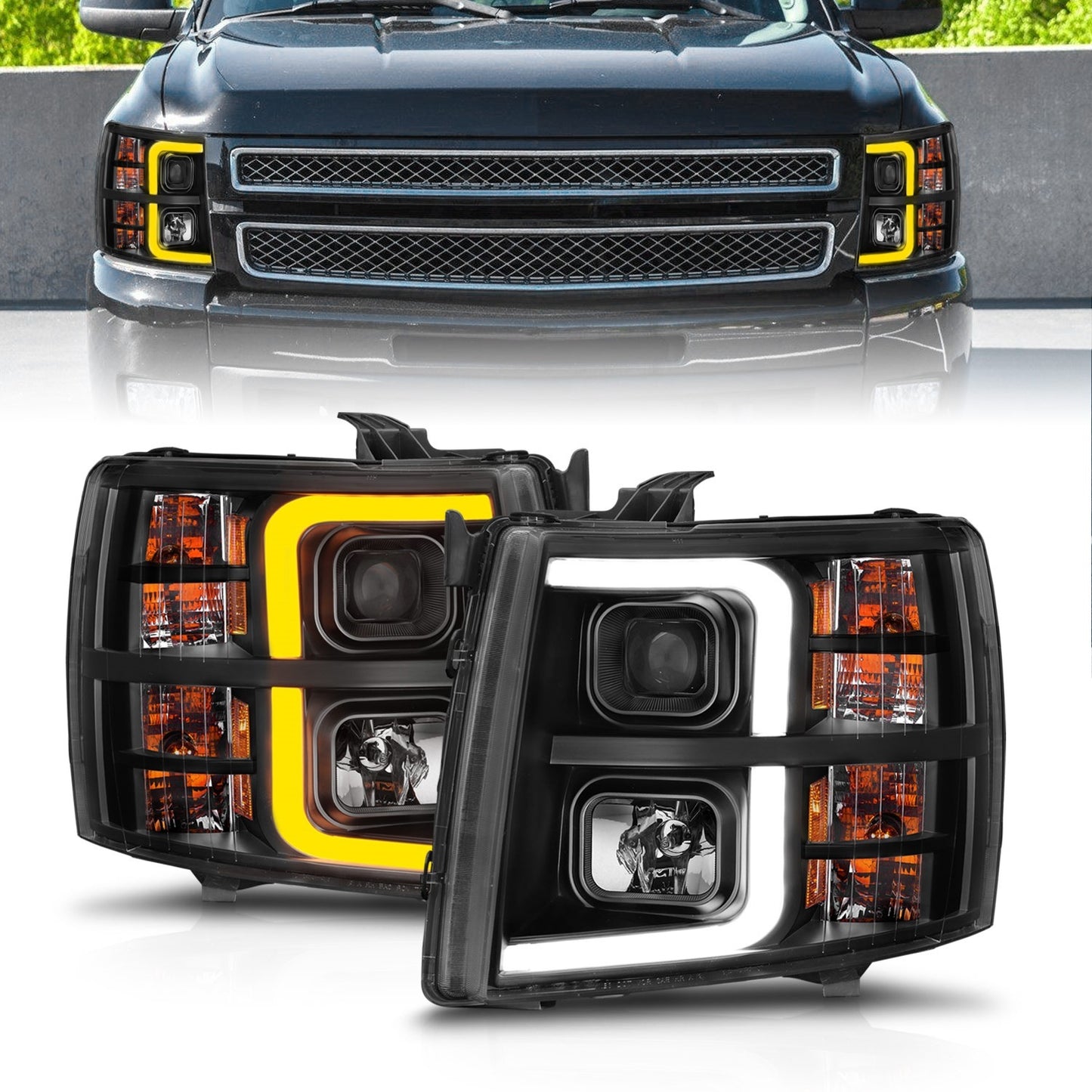 Anzo USA | Projector Headlight Set Black Housing w/Light Bar w/Sequential | Fits Silverado 1500 | 111545