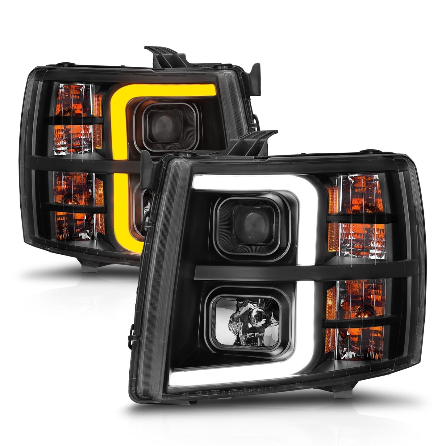 Anzo USA | Projector Headlight Set Black Housing w/Light Bar w/Sequential | Fits Silverado 1500 | 111545
