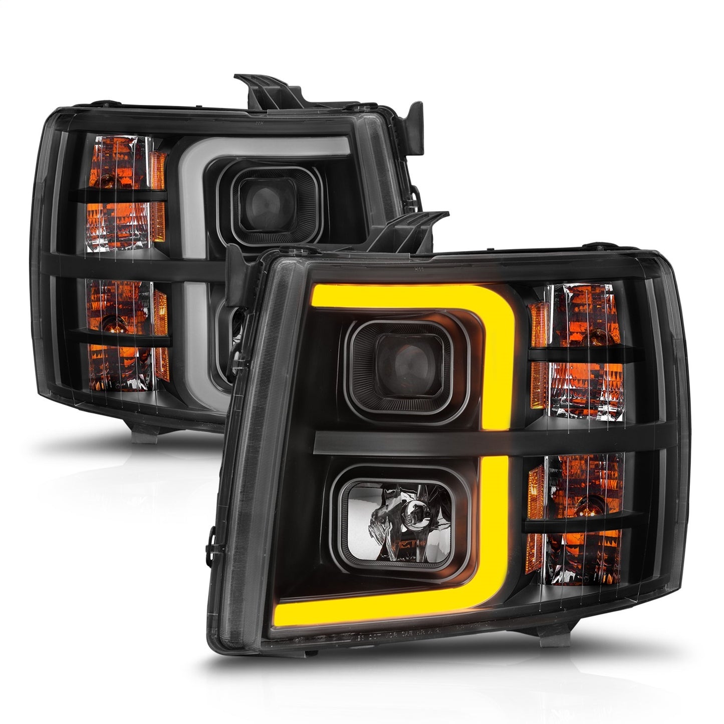 Anzo USA | Projector Headlight Set Black Housing w/Light Bar w/Sequential | Fits Silverado 1500 | 111545
