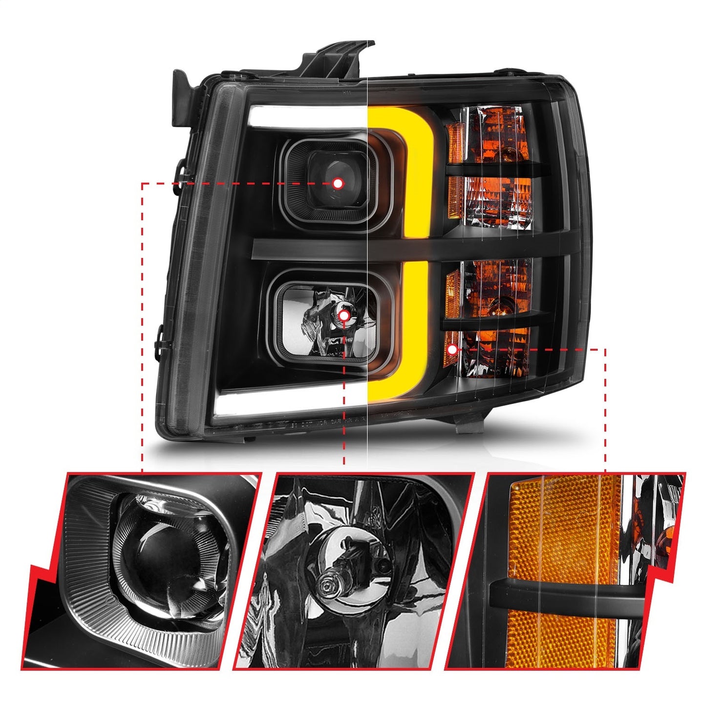 Anzo USA | Projector Headlight Set Black Housing w/Light Bar w/Sequential | Fits Silverado 1500 | 111545