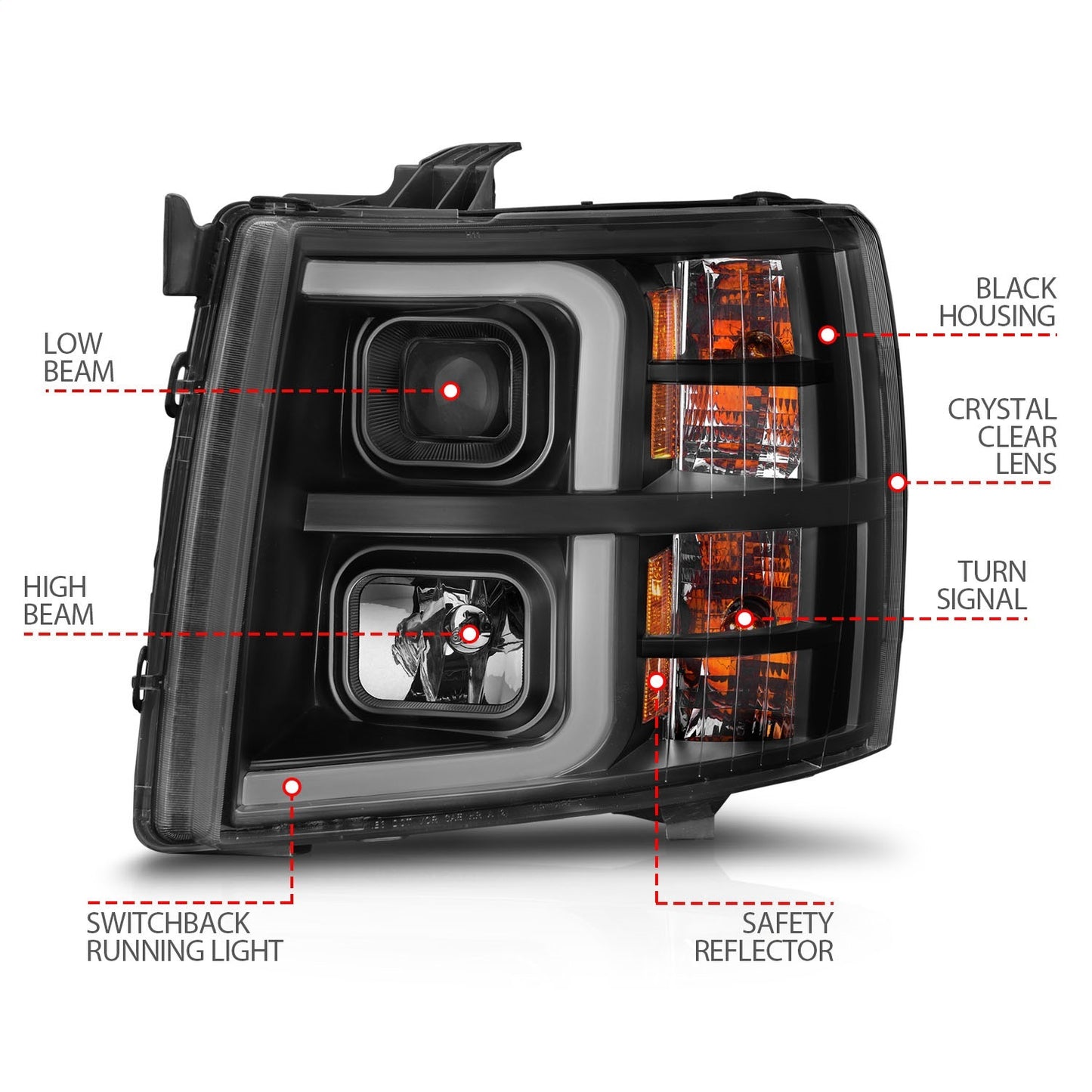 Anzo USA | Projector Headlight Set Black Housing w/Light Bar w/Sequential | Fits Silverado 1500 | 111545