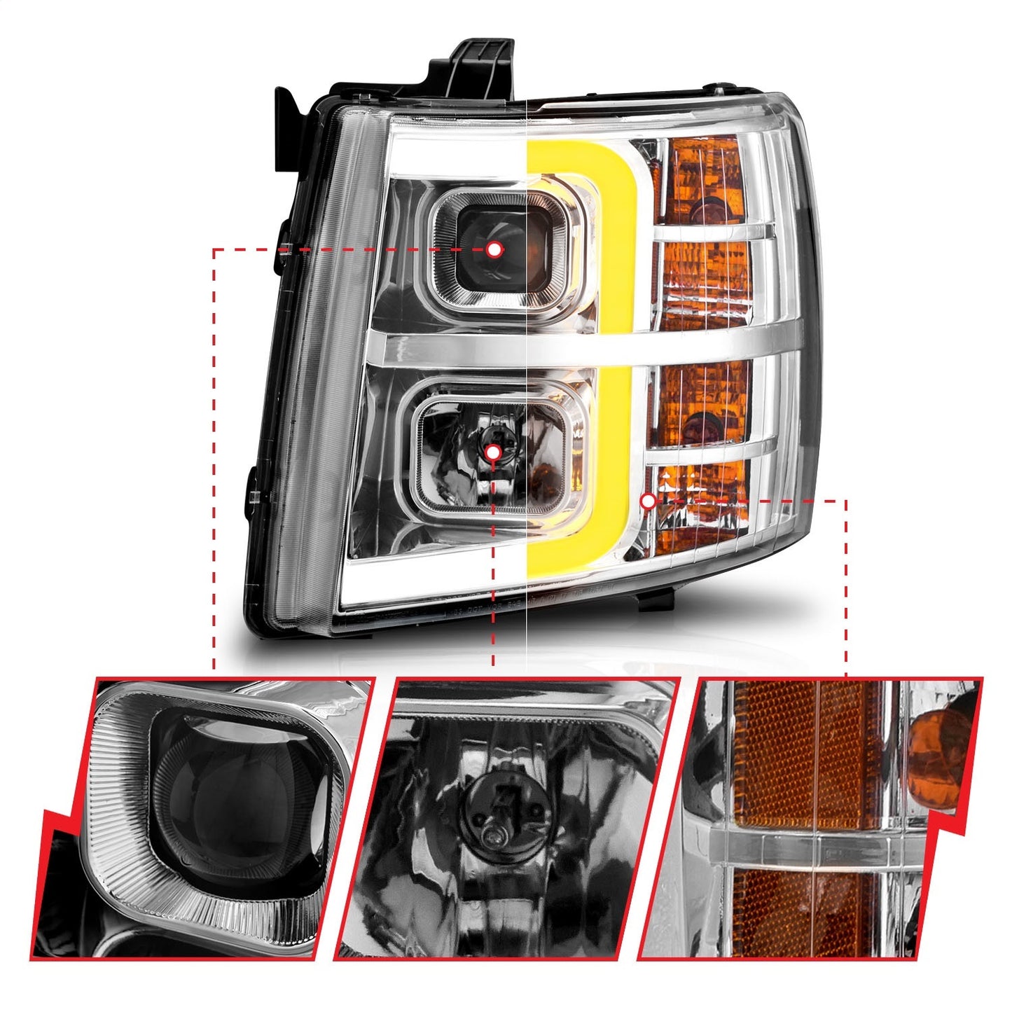 Anzo USA | Projector Headlight Set Chrome Housing w/Light Bar w/Sequential | Fits Silverado 1500 | 111546