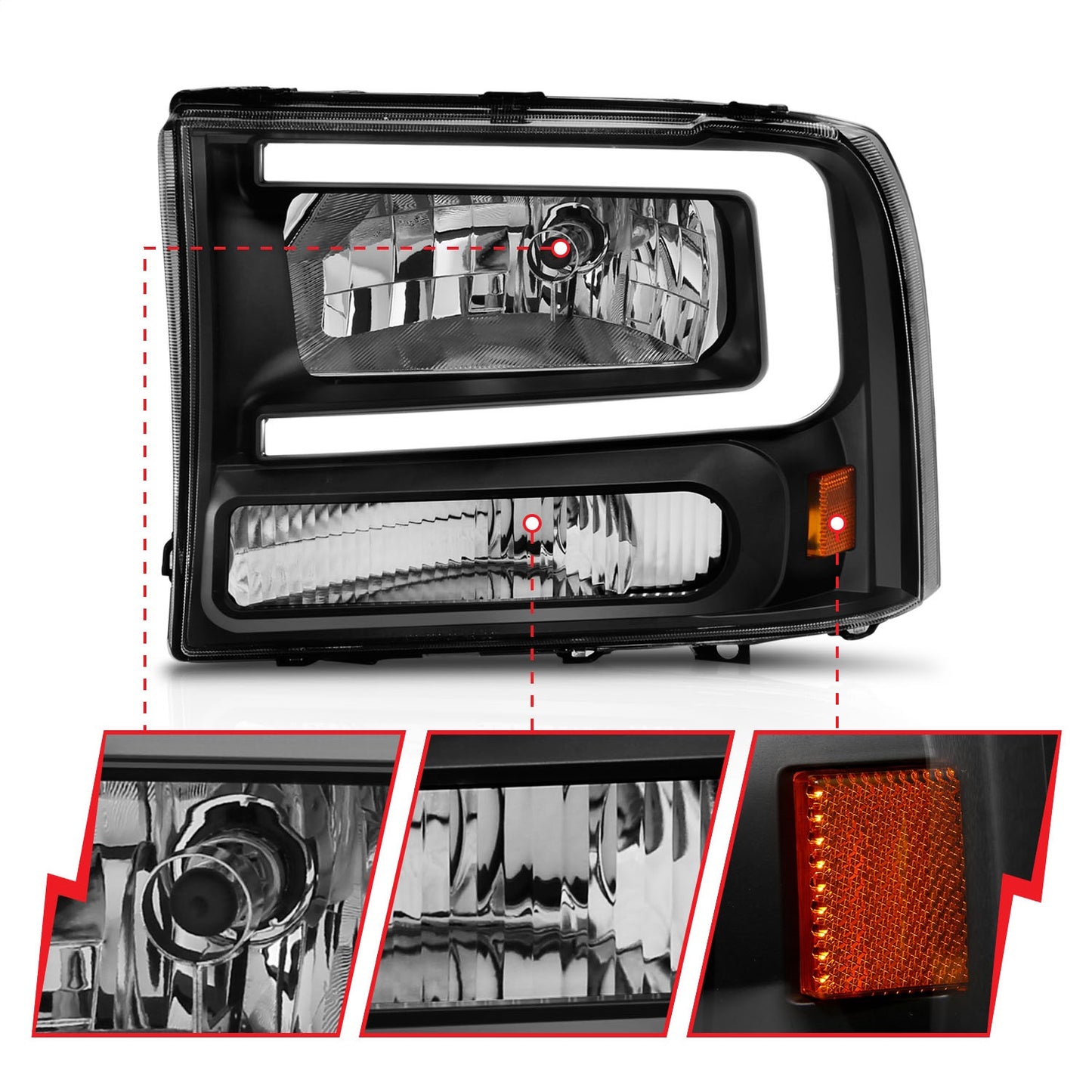 Anzo USA | Crystal Headlight Set Black Housing Pair w/Light Bar | Fits F-250 | 111549