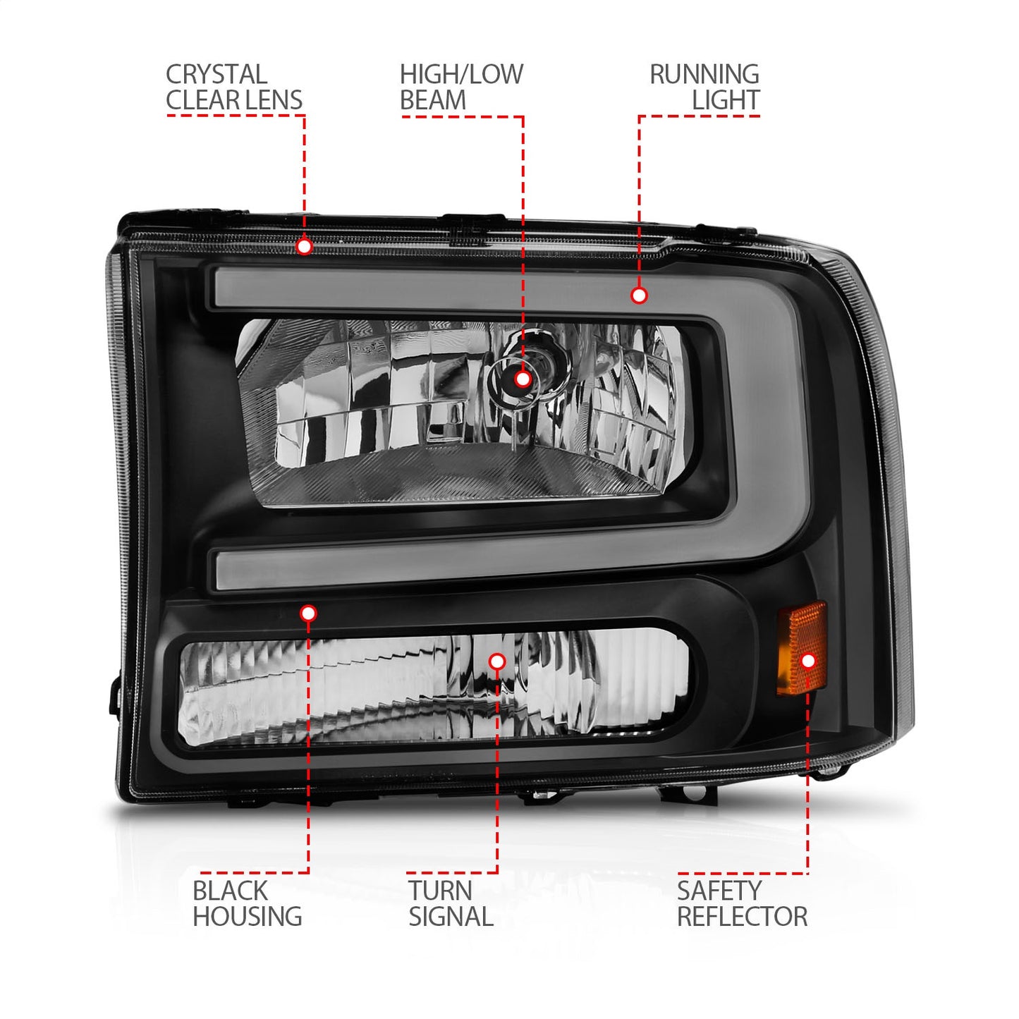 Anzo USA | Crystal Headlight Set Black Housing Pair w/Light Bar | Fits F-250 | 111549
