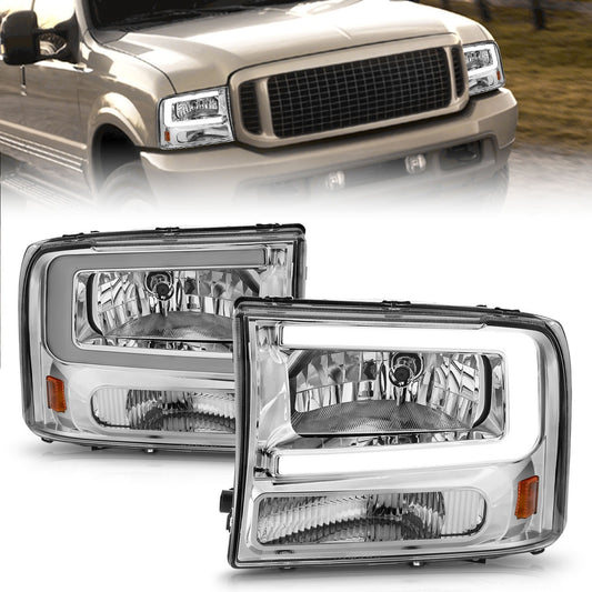 Anzo USA | Crystal Headlight Set Chorme Housing Pair w/Light Bar | Fits F-250 | 111550