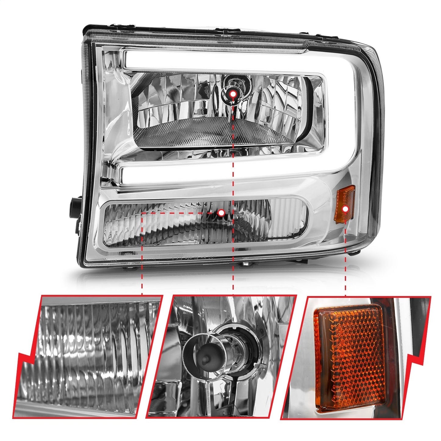 Anzo USA | Crystal Headlight Set Chorme Housing Pair w/Light Bar | Fits F-250 | 111550