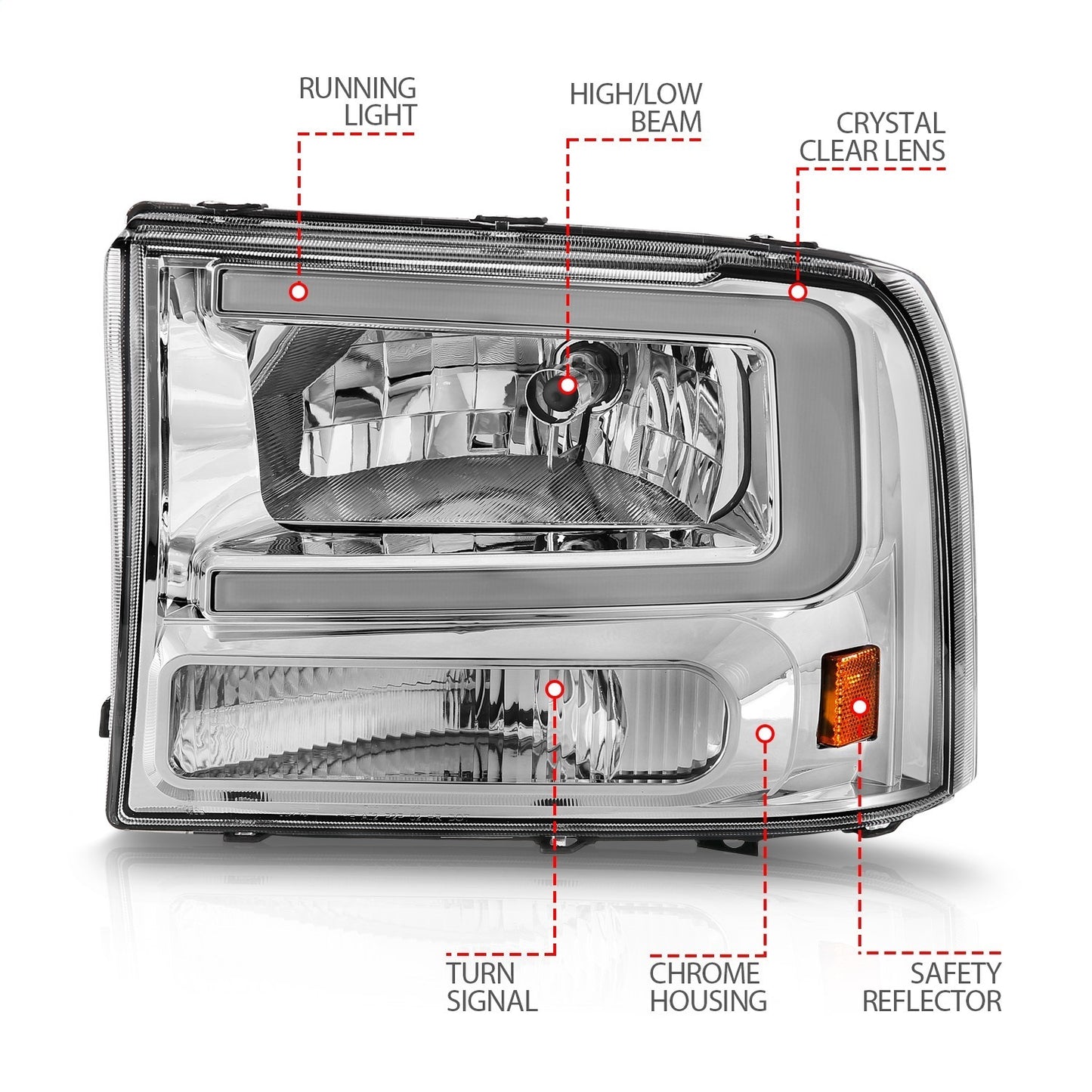 Anzo USA | Crystal Headlight Set Chorme Housing Pair w/Light Bar | Fits F-250 | 111550